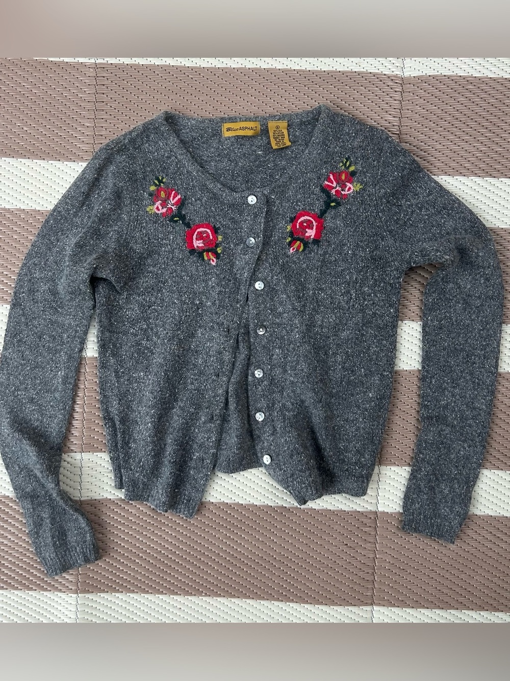 Blue Asphalt Gray Cardigan with Embroidered Red & Pink Roses (So Cute!!)